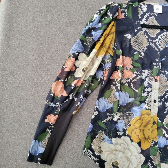 Cabi S Navy Snake Charmer Floral Reptile Print Long Sleeve Buttoned Blouse 693 - Picture 4 of 10